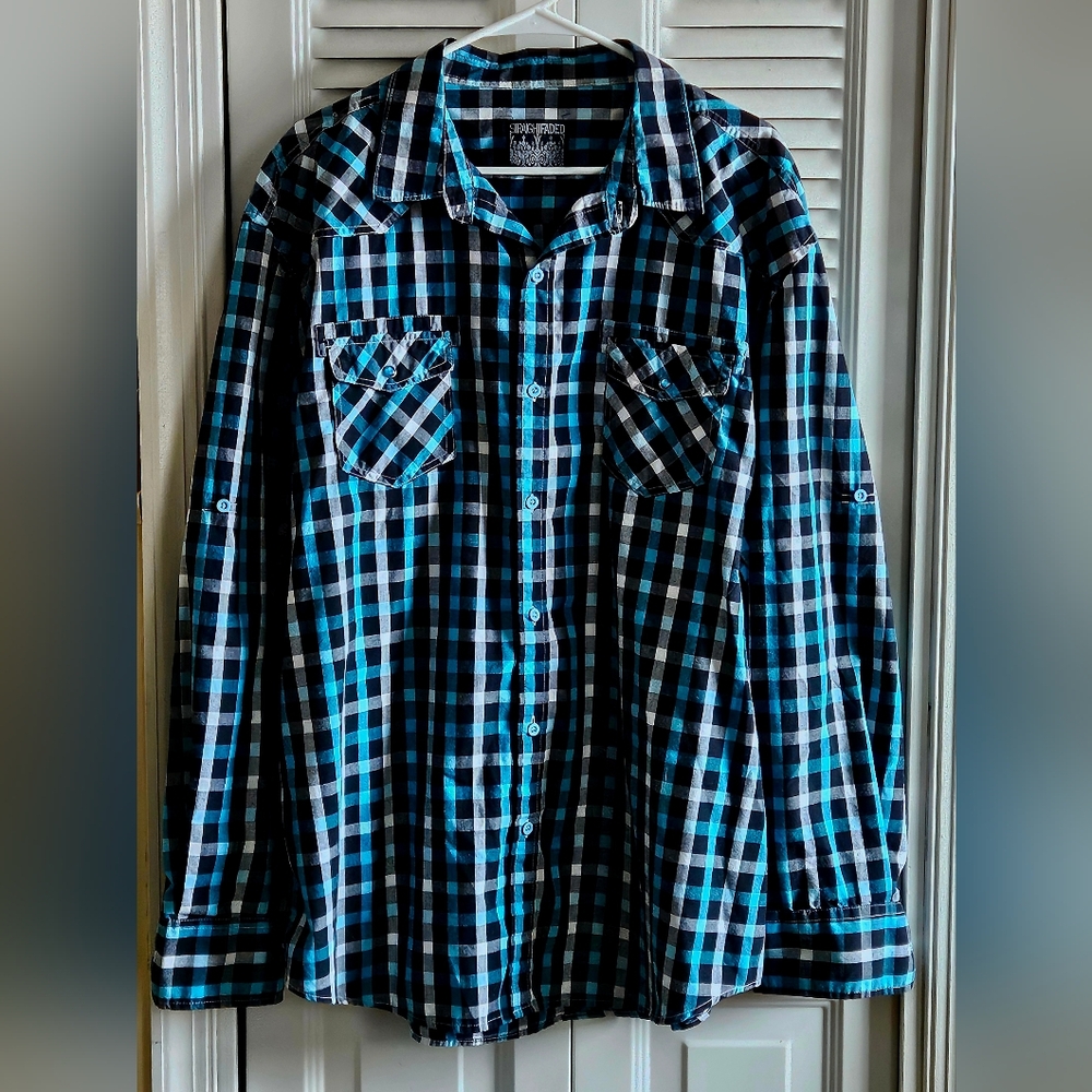 Men's STRAIGHT FADED Blue, Black & White Check Casual-Western Style Button Shirt